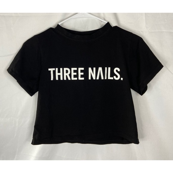 Three Nails Black Crop Top XS Christian Graphic Tee Womens Activewear Shirt - Picture 9 of 10